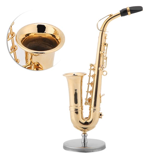 Miniature altsaxofonreplika med stativ og etui, forgyldt instrumentmodelpynt