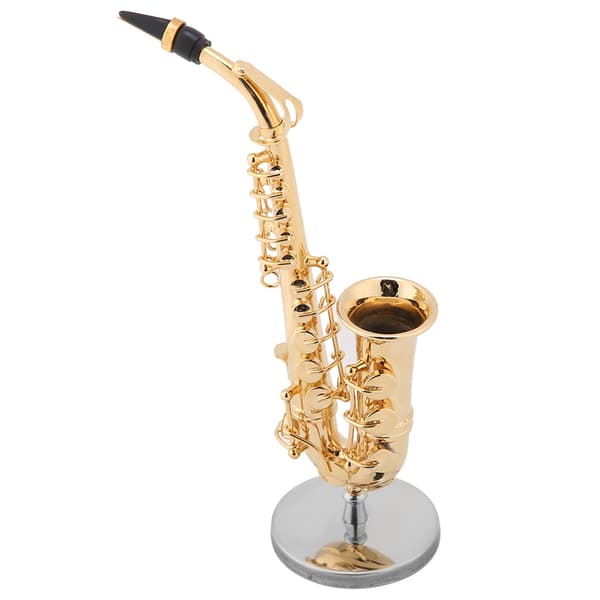 Miniature altsaxofonreplika med stativ og etui, forgyldt instrumentmodelpynt