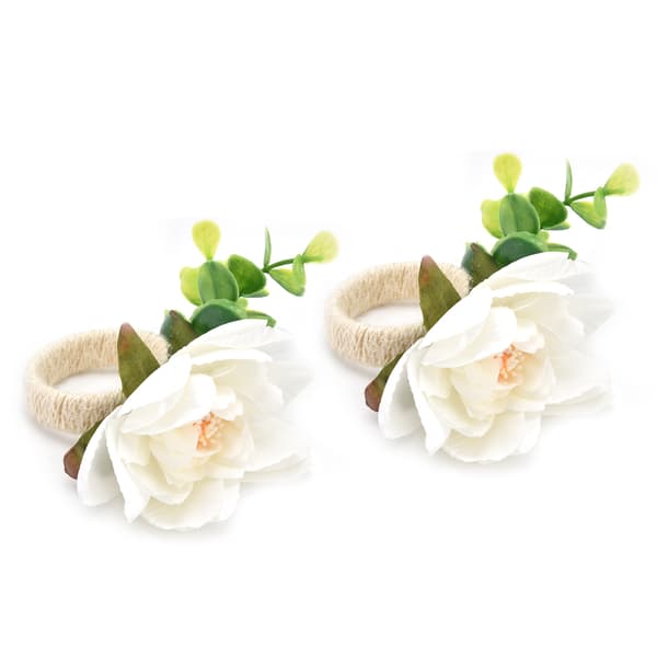 2 hvide simulerede blomsterservietringe, 2-pak Hampereb Servietspænde til hotel vestlig spisning