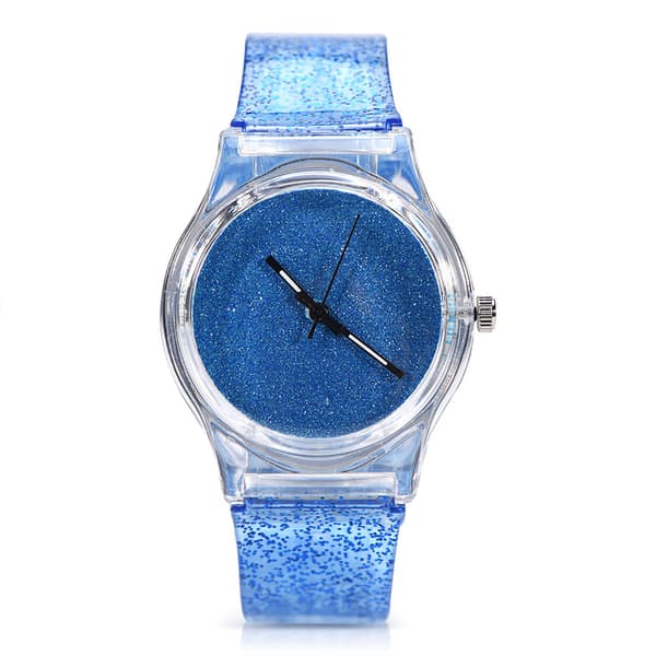 Blå kvartsklocka, rund plastrem, glitterpulverarmbandsur