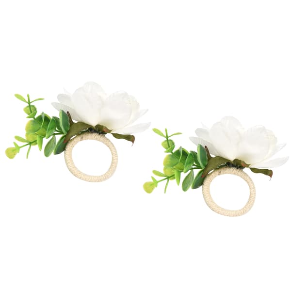 2 hvide simulerede blomsterservietringe, 2-pak Hampereb Servietspænde til hotel vestlig spisning