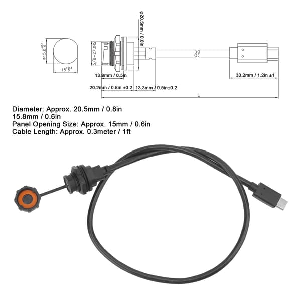 Vedenpitävä USB C -liitin IP68 Type-C naaras/uros kaapeliliitin E10TPC 0.3M