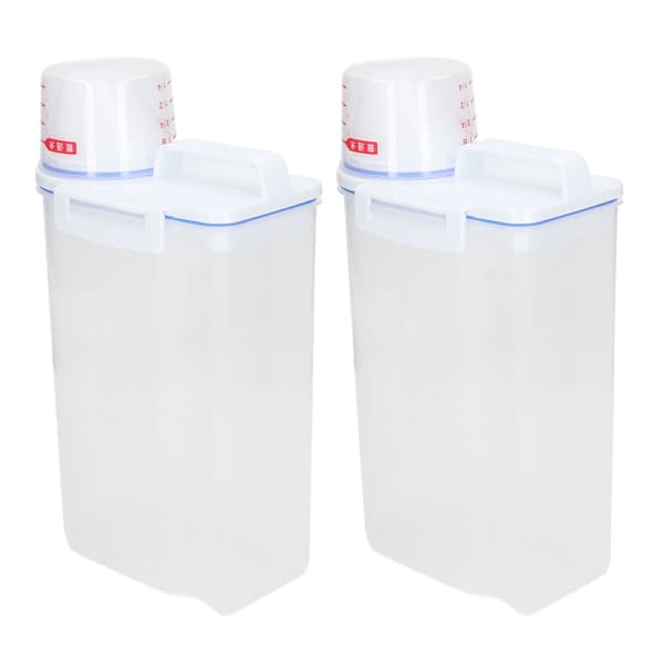 2-pack 2,5L plastrisdispenser med hällpip för spannmål, bönor, flingor, torrfoder för husdjur
