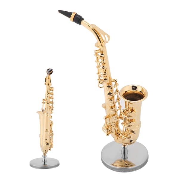 Miniature altsaxofonreplika med stativ og etui, forgyldt instrumentmodelpynt