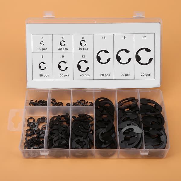 Sort Metal E-Clip Låsering Sortimentsboks - 300 stk (3mm-22mm)