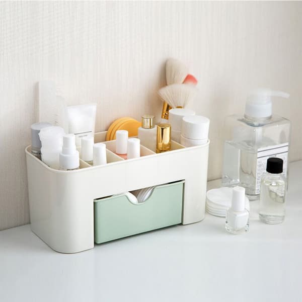Grøn makeupbord-organizer med 6 rum og skuffe