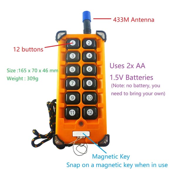 12CH 433MHz RF relæafbrydersæt m/ antenne, 12-knaps fjernbetjening, 12V koder