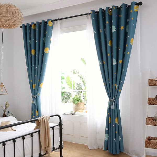 Tecknade Blå Planeter Polyester Mörkläggningsgardiner Ljusblockerande Draperier för Sovrum Vardagsrum (1 Panel)