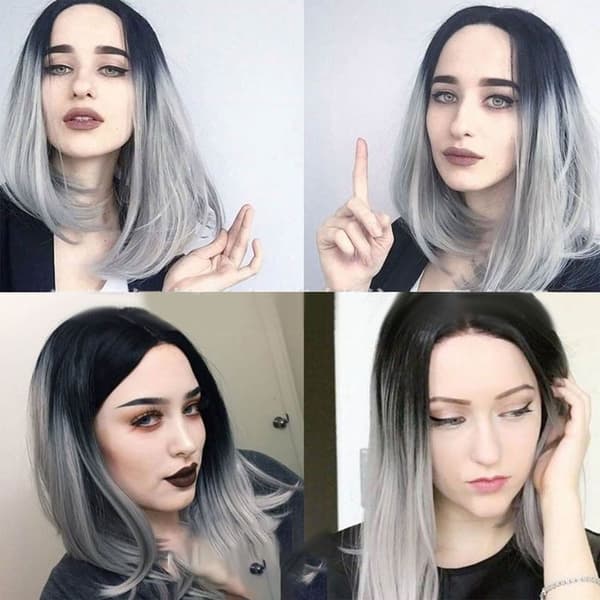 Lang Moderigtig Elegant Syntetisk Dameparyk med Midterskilning til Dating Sort Grå Gradient