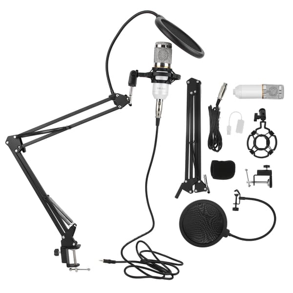 USB Studio Kondensatormikrofonsæt m/ bomarm, shock mount, klips, hvid sølv, til streaming podcast PC