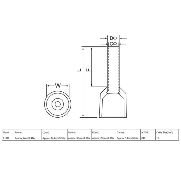 100 stk. E1508 isolerede kobberstiftterminaler PVC-ledningsferruler krympeforbindere til elektronik