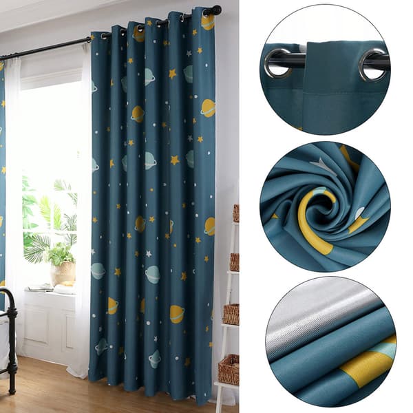 Tecknade Blå Planeter Polyester Mörkläggningsgardiner Ljusblockerande Draperier för Sovrum Vardagsrum (1 Panel)