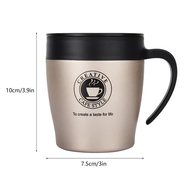 Isolerad kaffemugg i rostfritt stål med sked och lock, guldkontorsmugg
