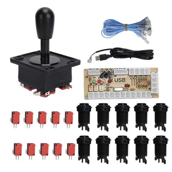 Bygg Arcade Fightstick Set Plast USB Zero Delay Encoder för Windows PC, 1 Stick 10 Knappar 10 Switchar 14 Kablar, Svart