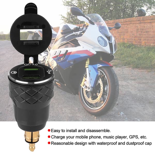 12V-24V Motorcykel USB-port Strømopladerstik med LED-display EU-stik Sort