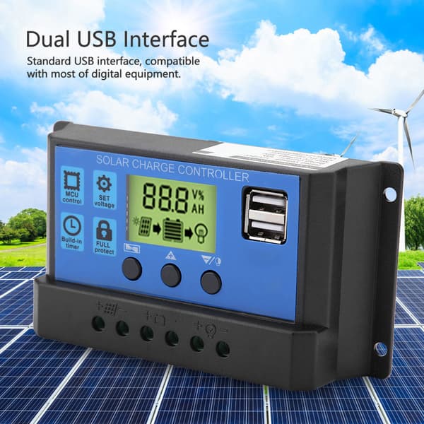 Solar PWM-laderegulator 12V/24V Dobbelt USB LCD-display 10A Regulator til autocamper marine