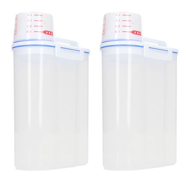 2-pack 2,5L plastrisdispenser med hällpip för spannmål, bönor, flingor, torrfoder för husdjur