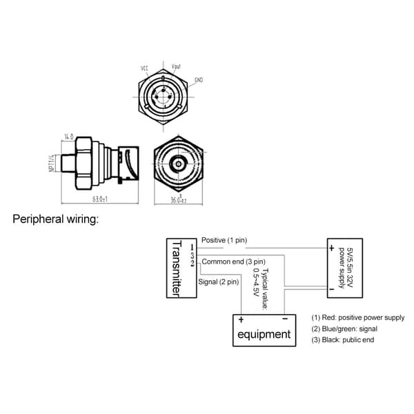 Tryksensor NPT 1/4 5V DC Luftkompressormåler -172~172mbar Differential