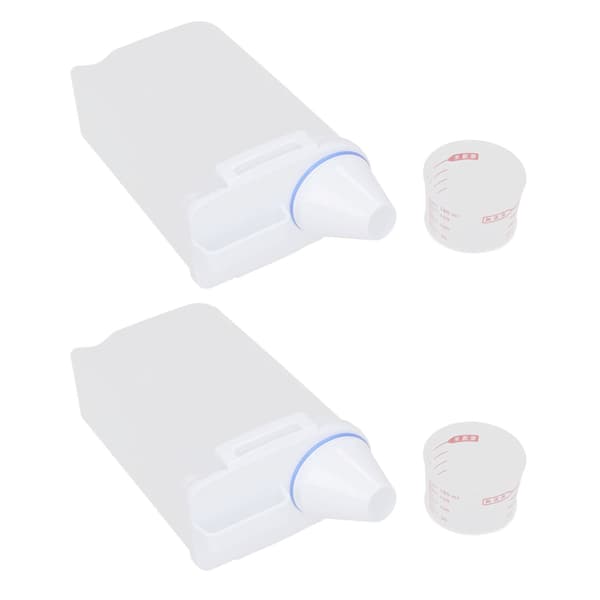 2-pack 2,5L plastrisdispenser med hällpip för spannmål, bönor, flingor, torrfoder för husdjur