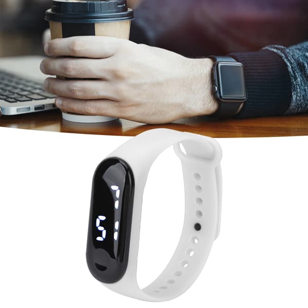 Vit LED Digital Sportklocka med Plastglas, Silikonband, Studentklocka