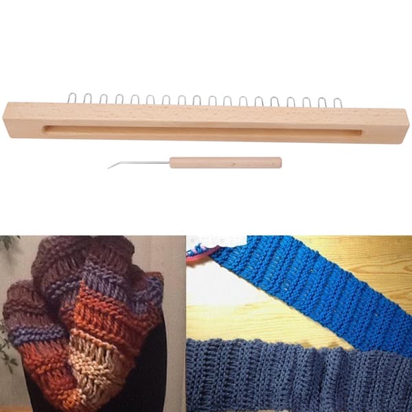 Rektangulär vävstol i trä, handstickningsmaskin i ull med armbågsvirkkrok