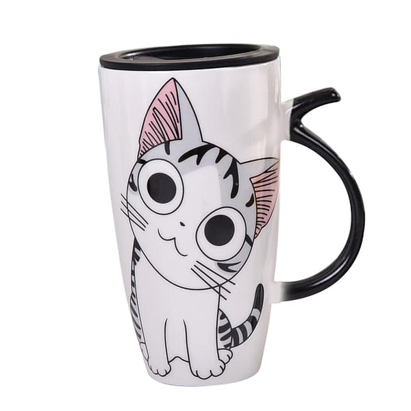 Söt katt keramisk kaffemugg med lock 600ml