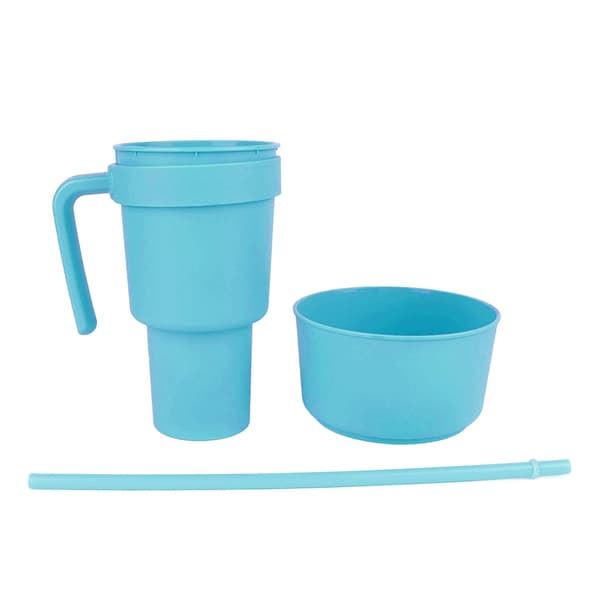 2-pack snackmugg med sugrör, plastmugg med stor öppning, snackskål för bio, hem och resor, ljusblå