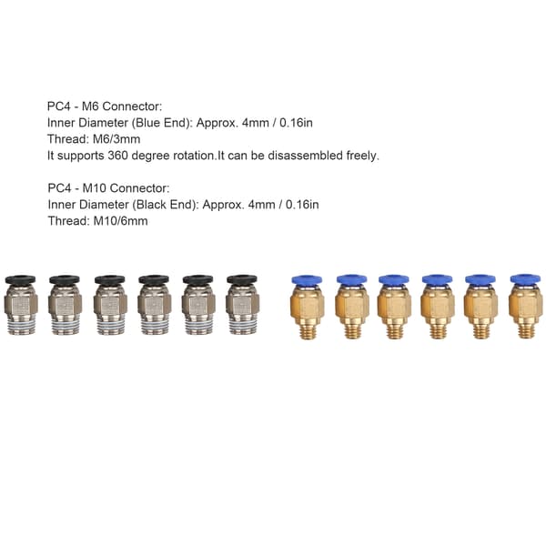 4 stk. PTFE-slange 6 stk. PC4-M6 fittings 6 stk. PC4-M10 koblinger 3D-printer dele sæt