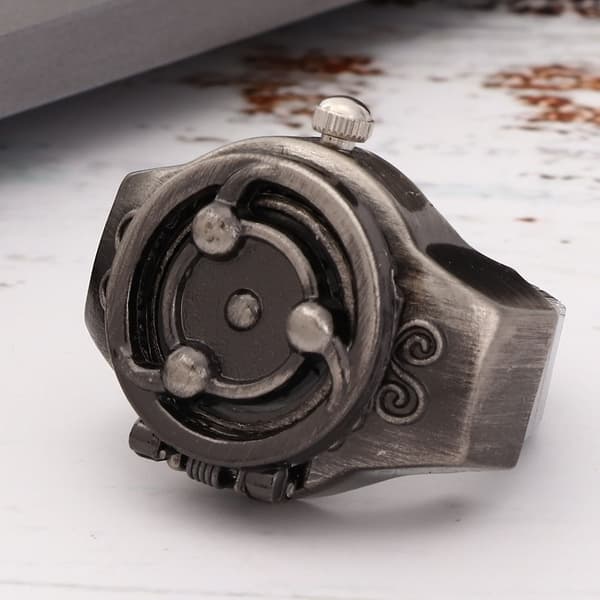 Herrkvartsfingerringklocka i vintagestil med fällbart lock, svart