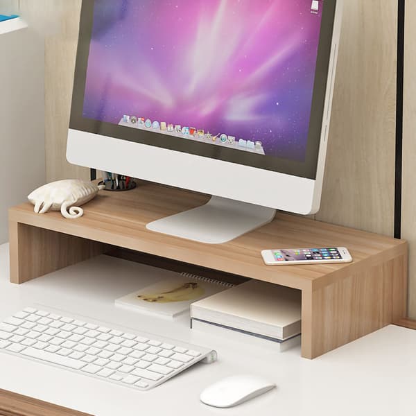 Ergonomisk datorskärmsstativ med extra förvaring, förhöjd bas för stationär dator/laptop, ljus valnöt