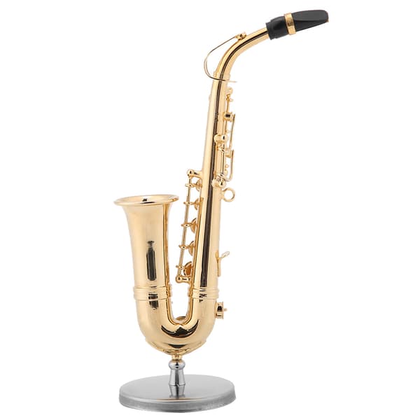 Miniature altsaxofonreplika med stativ og etui, forgyldt instrumentmodelpynt