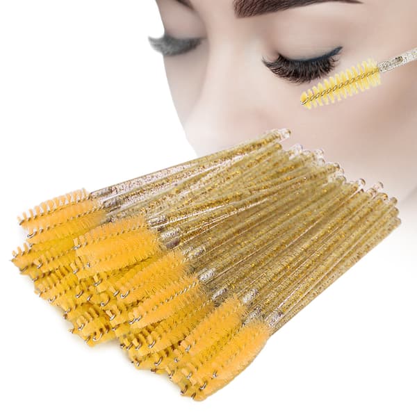 50 stk. nylon makeupbørster, mascarabørster, øjenvippebørster, engangs, bærbare børster, gul