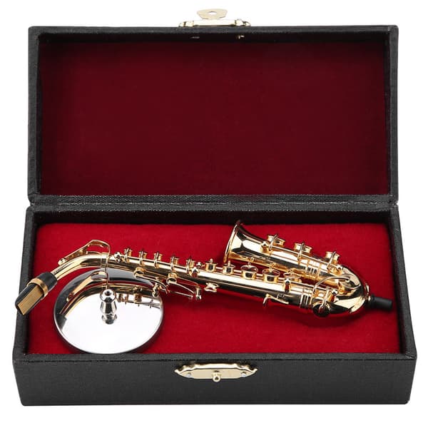 Miniature altsaxofonreplika med stativ og etui, forgyldt instrumentmodelpynt