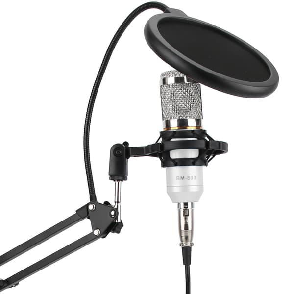 USB Studio Kondensatormikrofonsæt m/ bomarm, shock mount, klips, hvid sølv, til streaming podcast PC