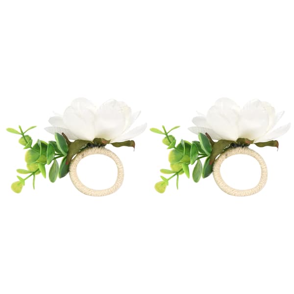 2 hvide simulerede blomsterservietringe, 2-pak Hampereb Servietspænde til hotel vestlig spisning