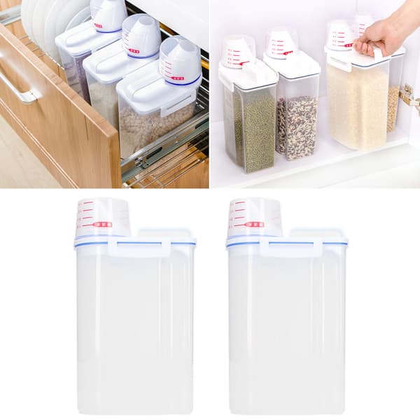 2-pack 2,5L plastrisdispenser med hällpip för spannmål, bönor, flingor, torrfoder för husdjur