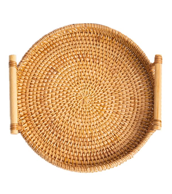 Rund serveringsbricka i rotting med handtag - 22 cm diameter, 3 cm höjd