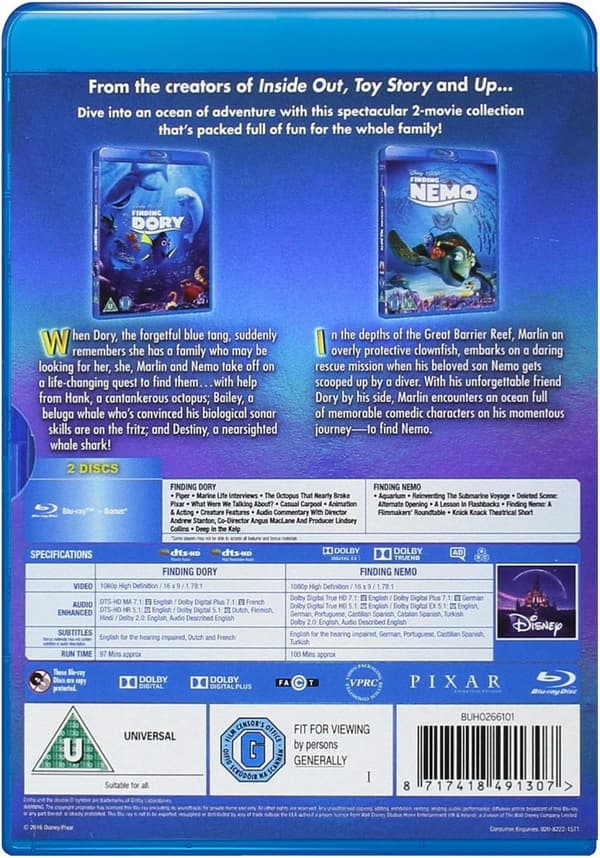 Finding Nemo (2003) & Finding Dory 2016) (Blu-Ray) 2 Movie Collection