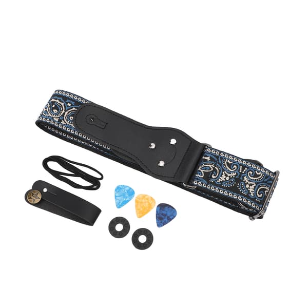 Retro broderad bred gitarrrem, justerbar längd för akustiska, elektriska och basgitarrer, blå