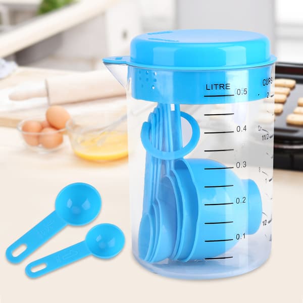 7 delar set plastmåttkoppar skedar mått te kaffe köksredskap blå