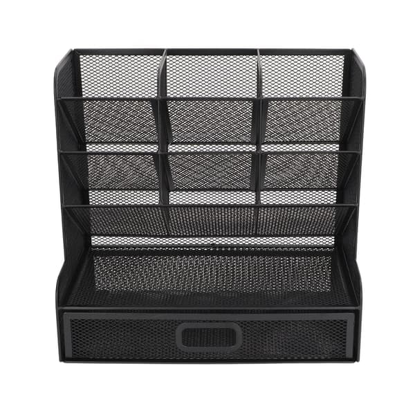 Net Blyantholder med Vippet Design, 9-rums Organizer, Sort Lodret Opbevaring, Skuffe-stil Skrivebords Caddy
