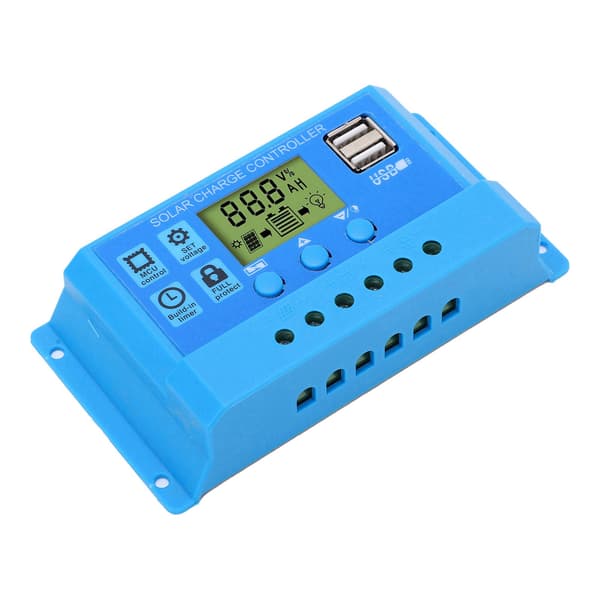 Solar Charge Controller PWM LCD-skærm Parameter Justerbar 2 USB Solar Charge Regulator Blå 12V 24V