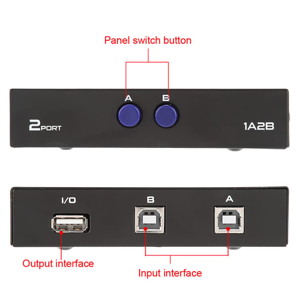 USB 2.0 2-ports manuel KVM-switchboks til deling af pc-printer, scanner og perifert udstyr