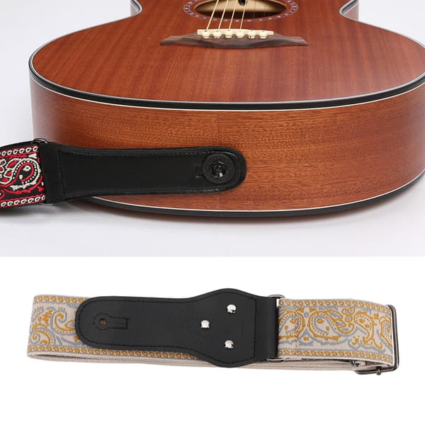 Retro broderad bred gitarrrem, justerbar längd för akustiska, elektriska och basgitarrer, guldkant