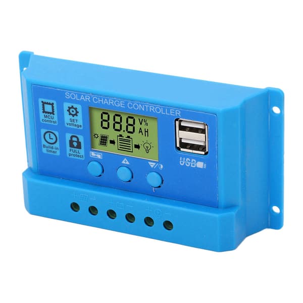 Solar Charge Controller PWM LCD-skærm Parameter Justerbar 2 USB Solar Charge Regulator Blå 12V 24V