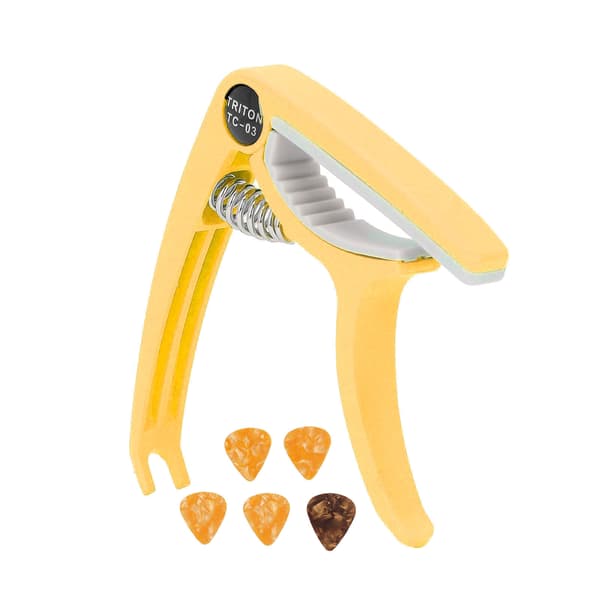 Elektrisk gitarr Capo ABS Quick Release Ukulele Gitarr Capo Set med 5st Gitarrplektrum för Mandolin Banjo Gul