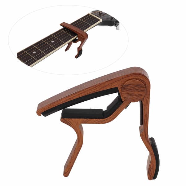 Quick Release String Lock Capo Kit med 5 Guitar Picks til Bas & Banjo, Mørk Valnød Finish