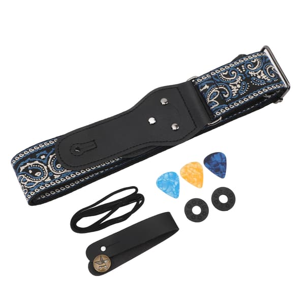 Retro broderad bred gitarrrem, justerbar längd för akustiska, elektriska och basgitarrer, blå