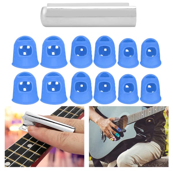 Gitarr Slide Bar Zinklegering Spår Rundad Spets med 12 Silikon Fingervakter för Blå Ukulele
