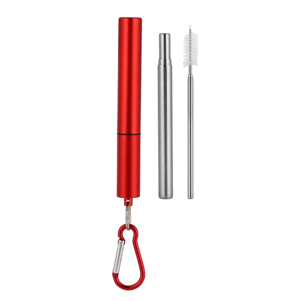 Infällbart sugrör i rostfritt stål, återanvändbart kit (rött aluminiumfodral, sugrör + borstkarbinhake)